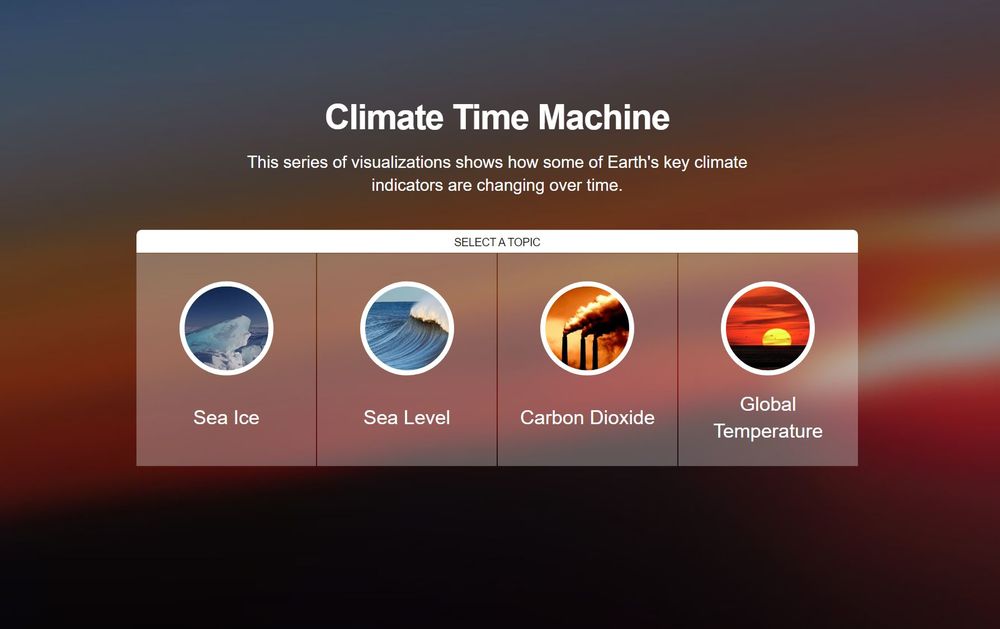 a screenshot of the climate time machine letting you select sea ice, sea level, carbon dioxide, and global temperature