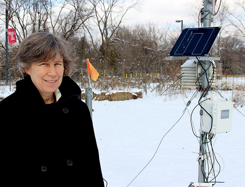 Laura Toran and the campus weather monitoring station
