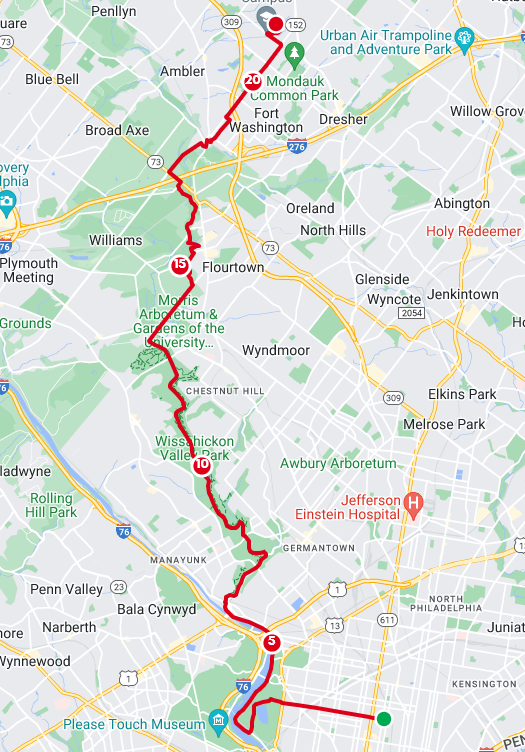 Screenshot of the route between Temple Main Campus and Temple Ambler Campus