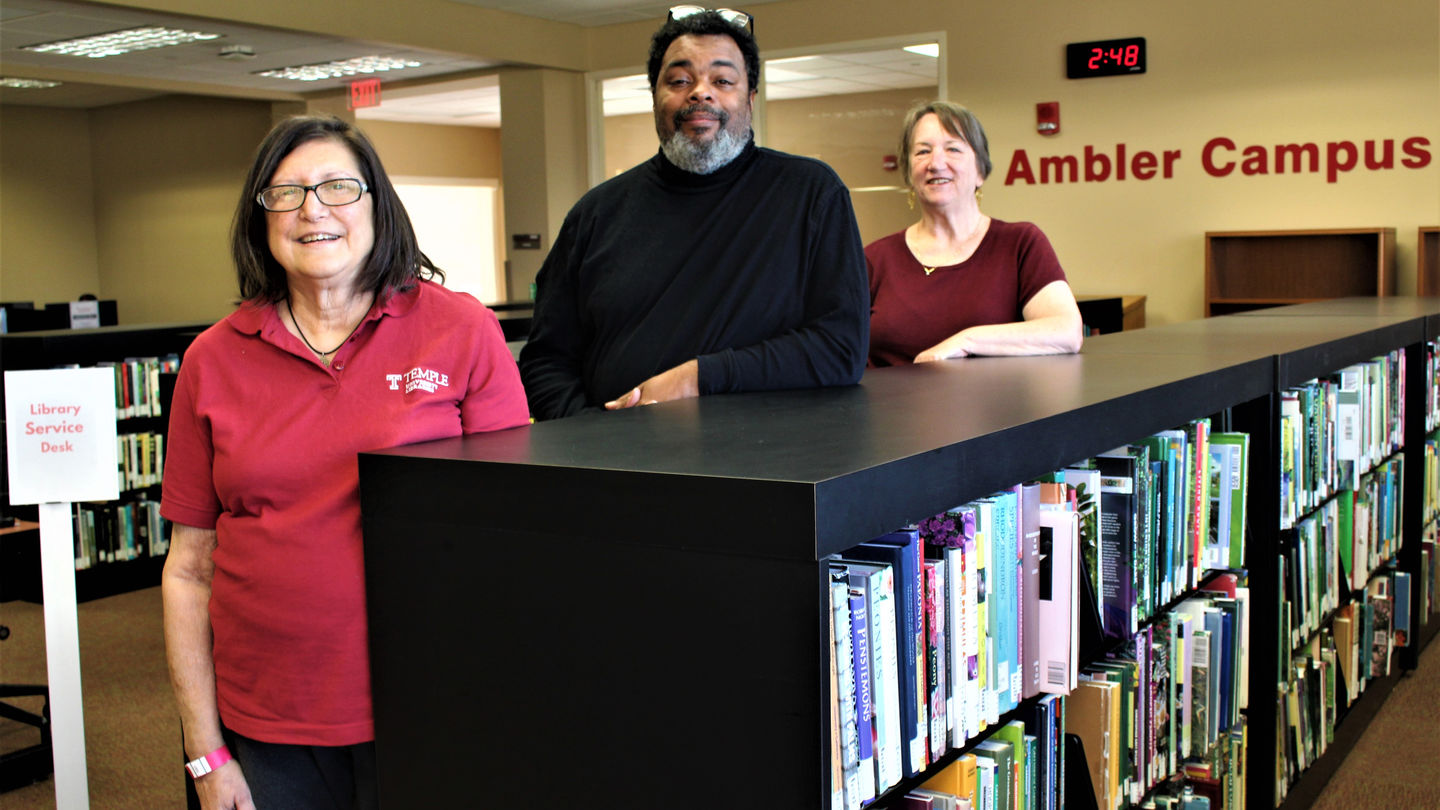 The Ambler Campus Library staff—Andrea S. Goldstein, Darryl Sanford and Sandi Thompson, head of the Temple Ambler Library—in their new location in the Ambler Campus Technology Center.